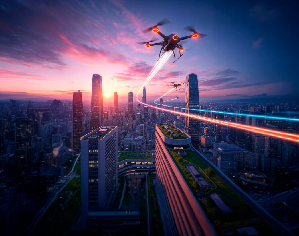 drones-futuristic-cityscape-sunset