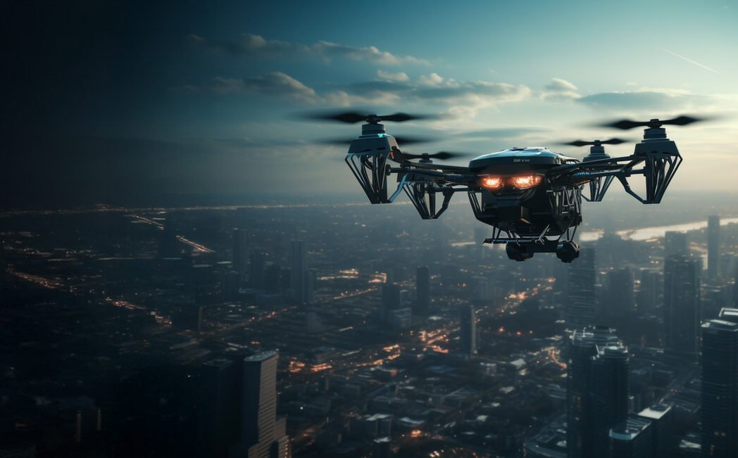 Futuristic drone hovers mid air, filming cityscape generated by AI