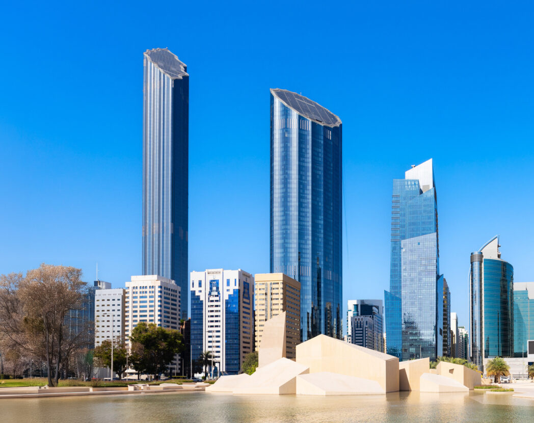 June 23, 2018: Abu Dhabi Seascape with skyscrapers in the background at evening, UAE