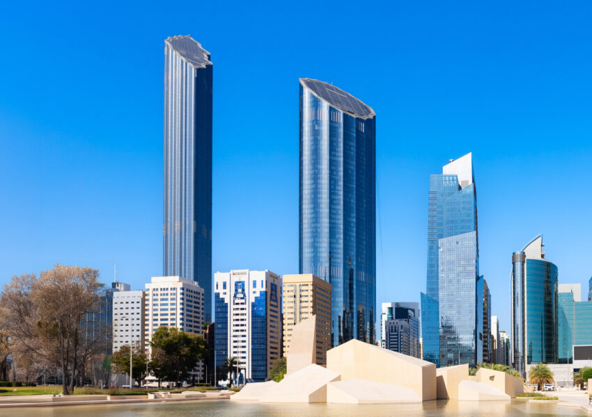 June 23, 2018: Abu Dhabi Seascape with skyscrapers in the background at evening, UAE