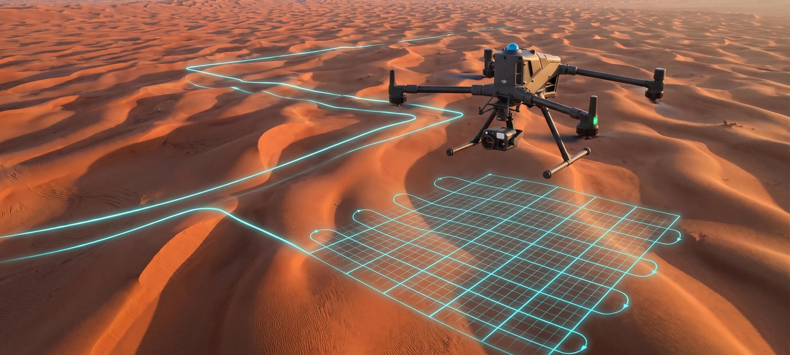 A large industrial drone hovering over vast desert sand dunes, mapping the terrain with a glowing blue digital grid overlay.