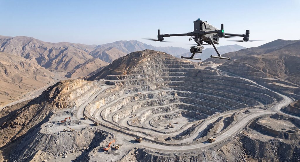 An industrial drone flies above a massive open-pit mine, projecting a white digital grid overlay to map the stepped terrain and mining machinery.