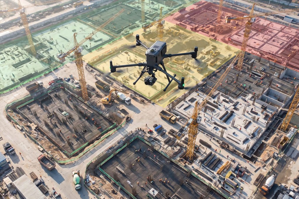 An aerial view of a busy construction site with an industrial drone hovering over foundation zones highlighted in green, yellow, and red overlays.