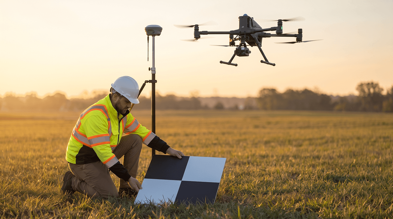 A surveyor in safety gear places a checkered ground control point marker in a grassy field while a surveying drone hovers nearby at sunset.