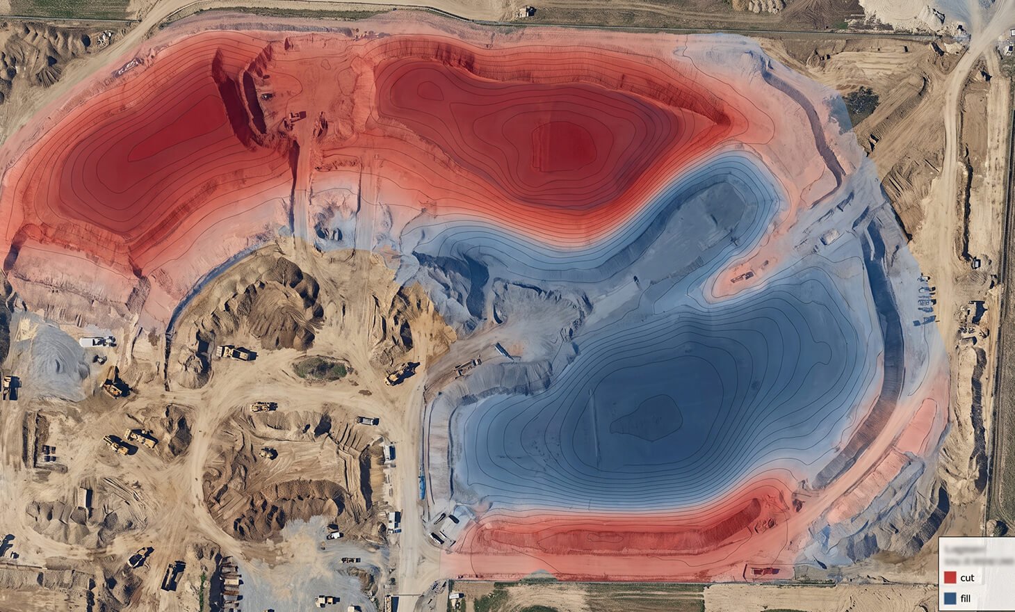 An industrial drone flies above a massive open-pit mine, projecting a white digital grid overlay to map the stepped terrain and mining machinery.