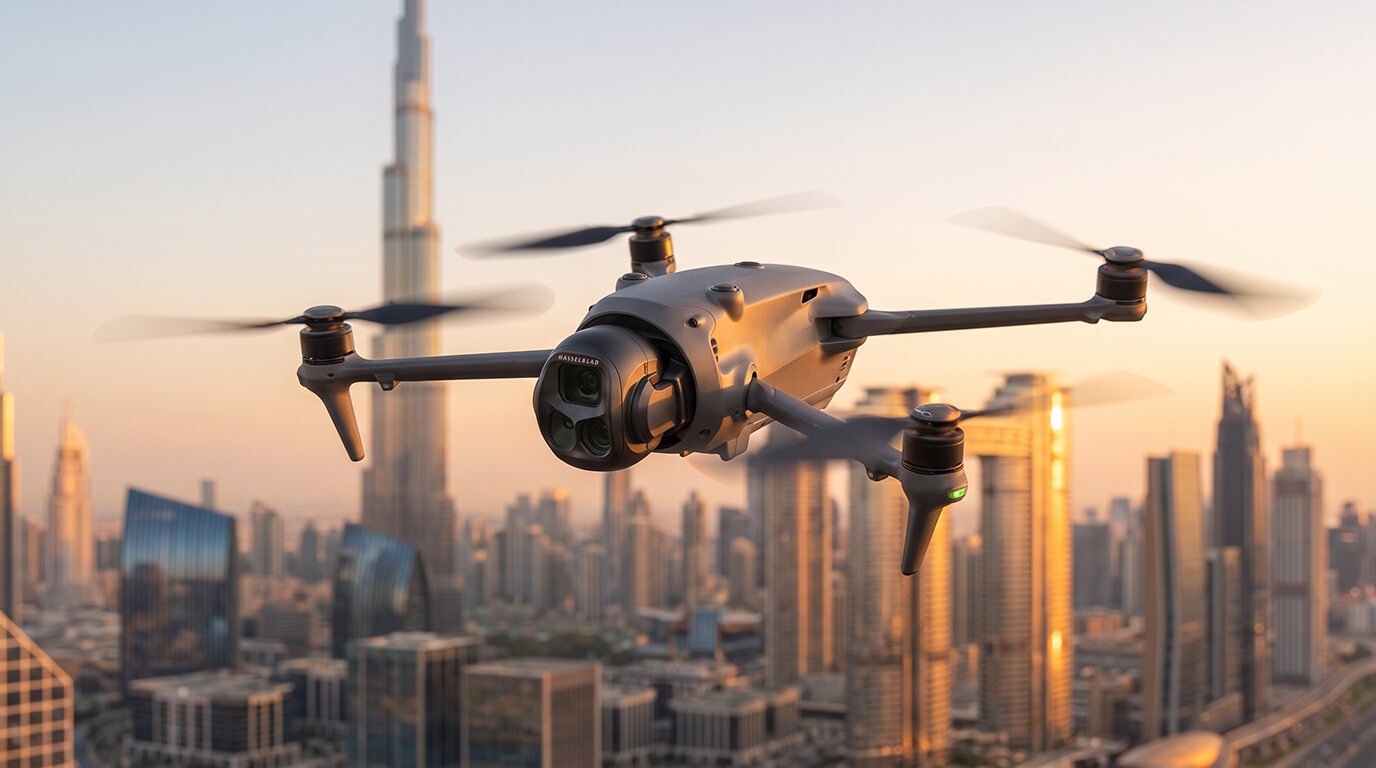 A camera drone flying mid-air in front of a golden-hour city skyline dominated by a massive skyscraper resembling the Burj Khalifa.
