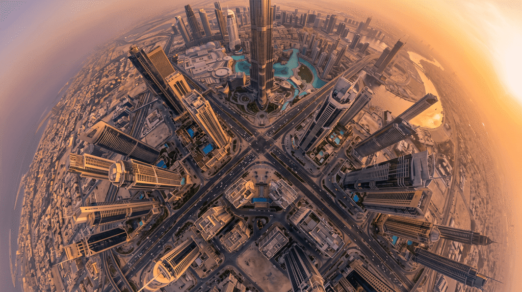 A fish-eye aerial view captures dense clusters of skyscrapers surrounding a massive central tower in Dubai during a warm golden sunset.
