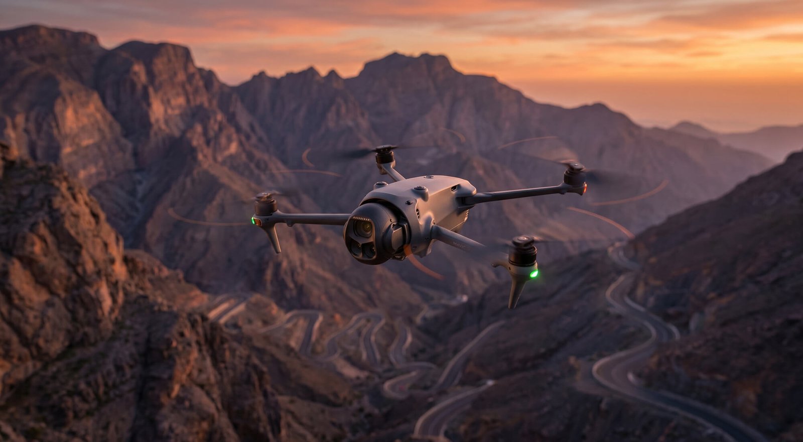 A sleek gray consumer quadcopter drone flies through a rugged mountain canyon over winding roads during a warm sunset or sunrise.