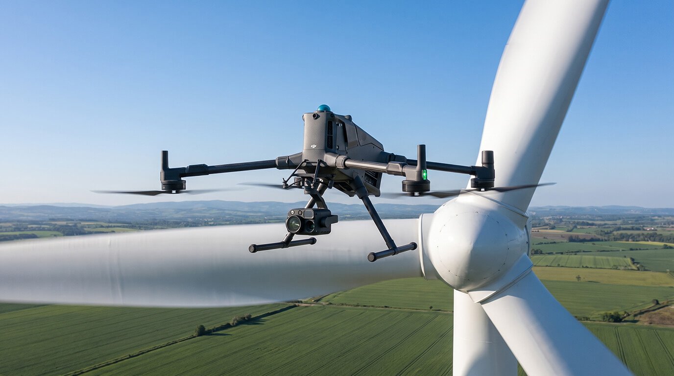 An industrial inspection quadcopter drone hovers next to the rotor hub of a massive wind turbine over rolling green fields.