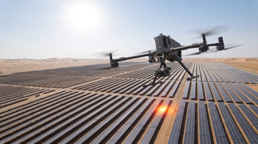 An industrial inspection drone flies over a massive solar panel farm in a sunny desert landscape, highlighting a bright thermal hot spot.