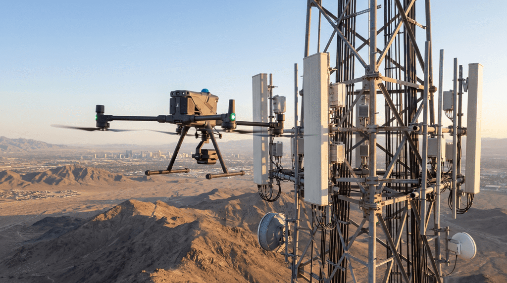 An industrial quadcopter drone hovers near a lattice telecommunication tower to inspect its antennas, with a vast desert mountain landscape below.