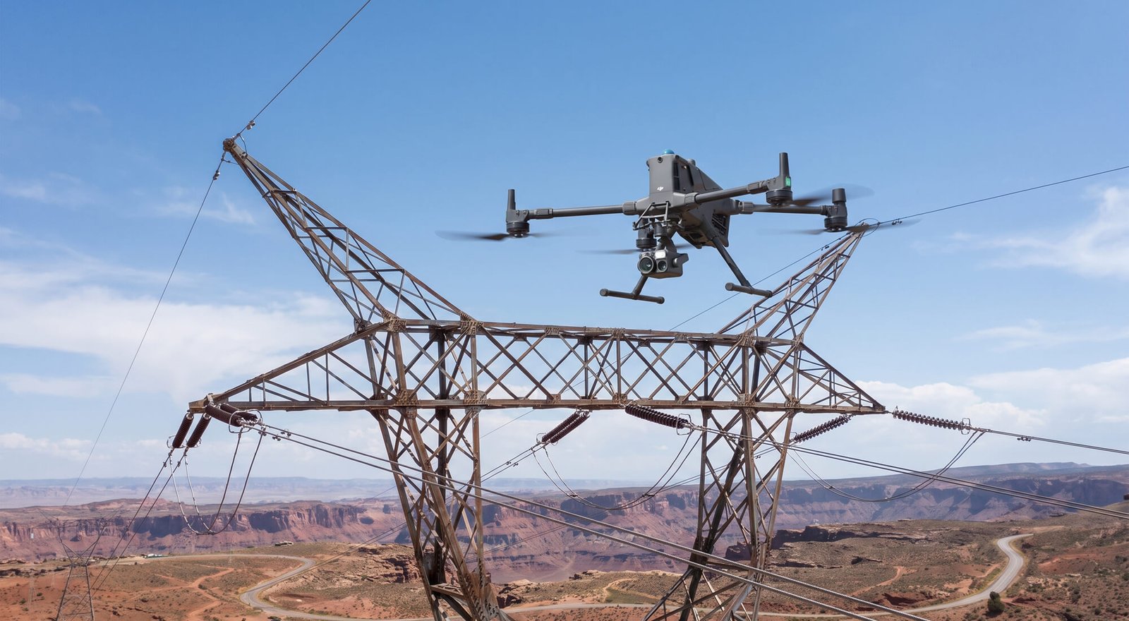 An industrial drone hovers above a large metal power line tower, inspecting high-voltage utility infrastructure over a desert canyon landscape.