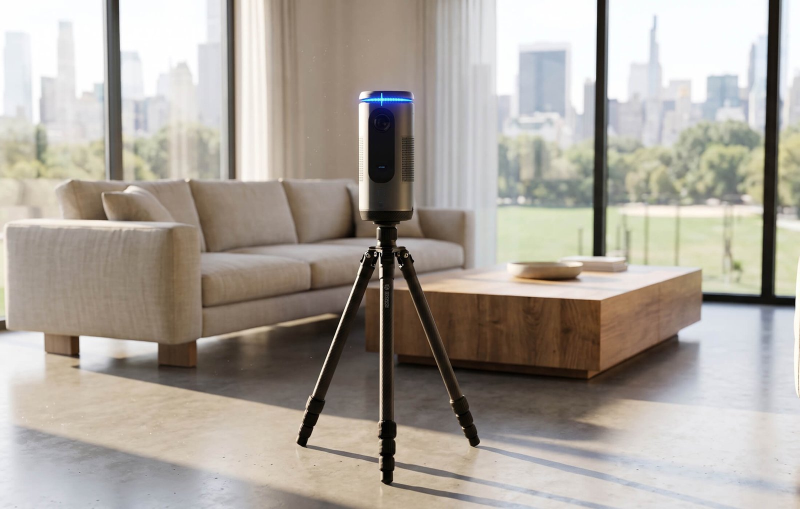 A cylindrical camera scanner with a glowing blue ring sits on a tripod inside a modern penthouse apartment, with large city-view windows behind it.