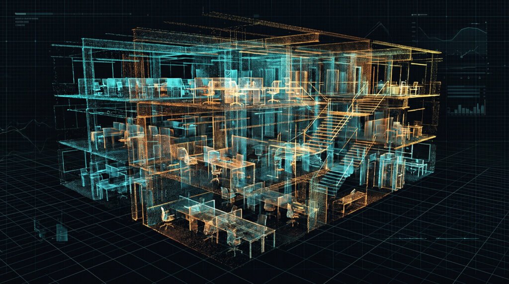 3D lidar point cloud model of a multi-story office building layout.