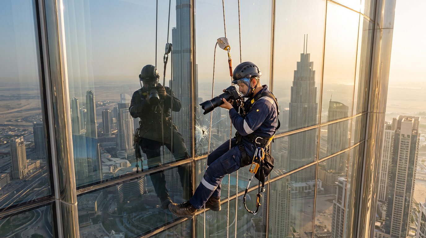 A rope access inspector rappels down a glass skyscraper window, using a camera to photograph a bullet-hole style spiderweb crack in the pane.