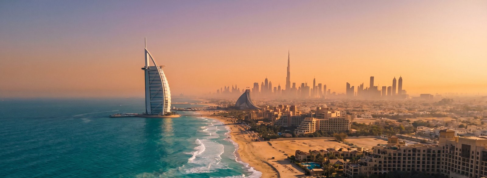The image shows a panoramic view of Dubai, United Arab Emirates, featuring the iconic Burj Al Arab hotel and the distant city skyline during a golden sunset.