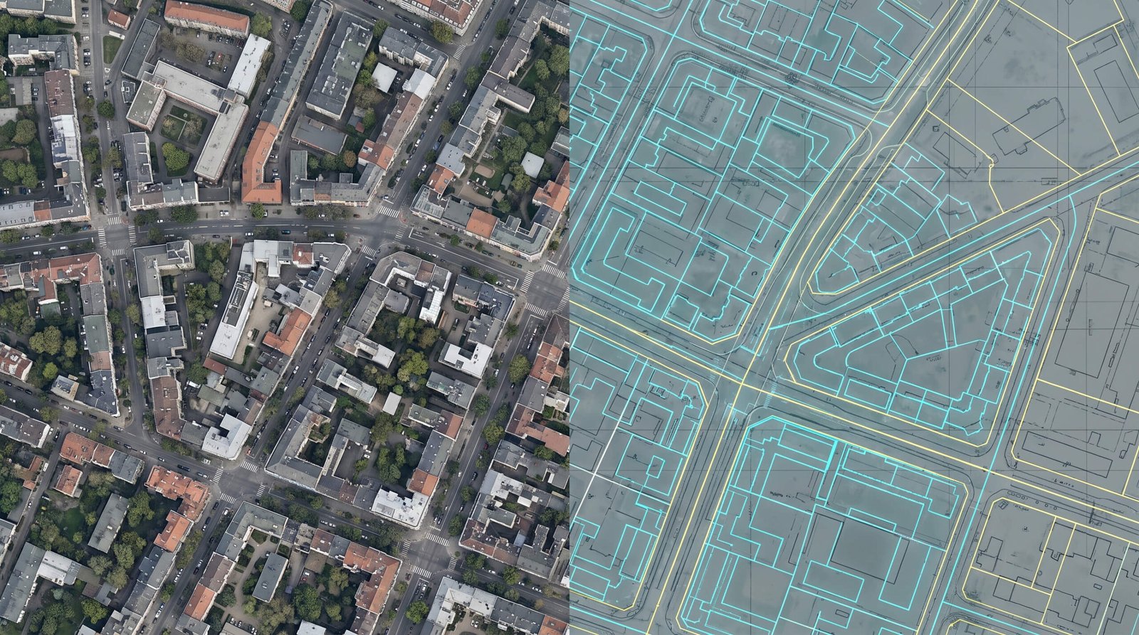 This image displays a side-by-side comparison of a city neighborhood shown as an aerial photograph and a digital mapping vector overlay.