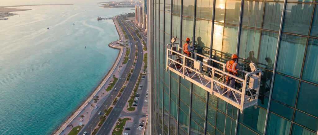 Two window washers in orange vests work on a suspended platform high up on a glass skyscraper, overlooking a scenic coastal highway and blue sea.