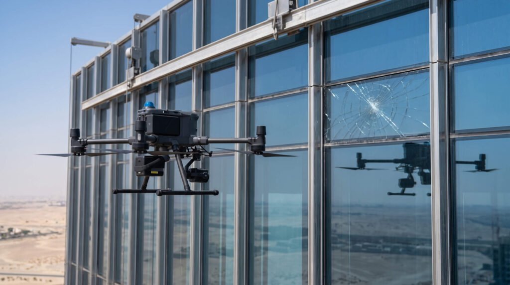 An industrial quadcopter drone hovers outside a skyscraper glass facade, using its camera to inspect a large spiderweb crack in a window pane.
