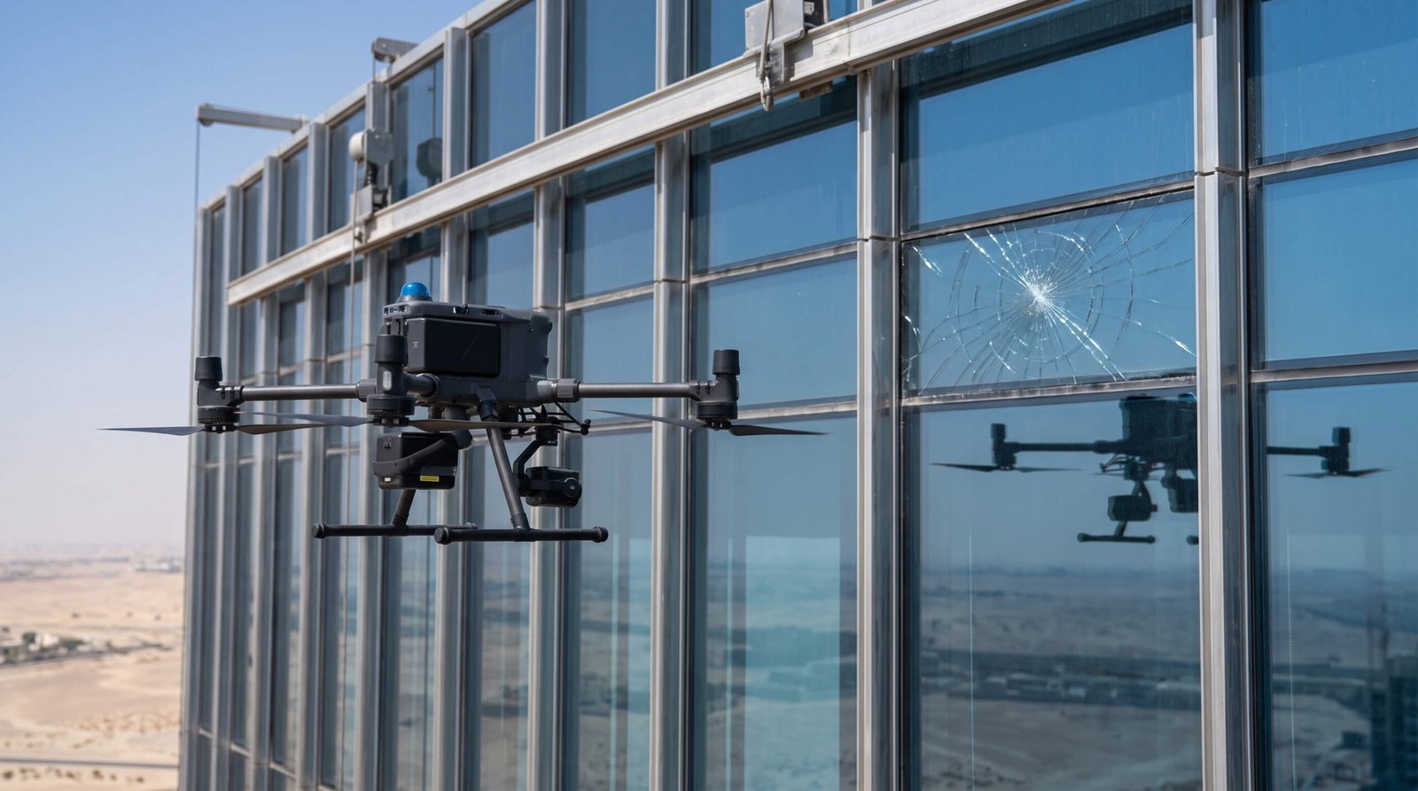 An industrial quadcopter drone hovers outside a skyscraper glass facade, using its camera to inspect a large spiderweb crack in a window pane.
