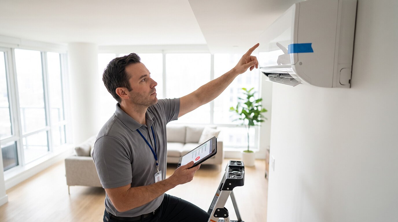 An HVAC technician holding a digital tablet inspects a newly installed wall-mounted mini-split air conditioning unit inside a bright modern apartment.