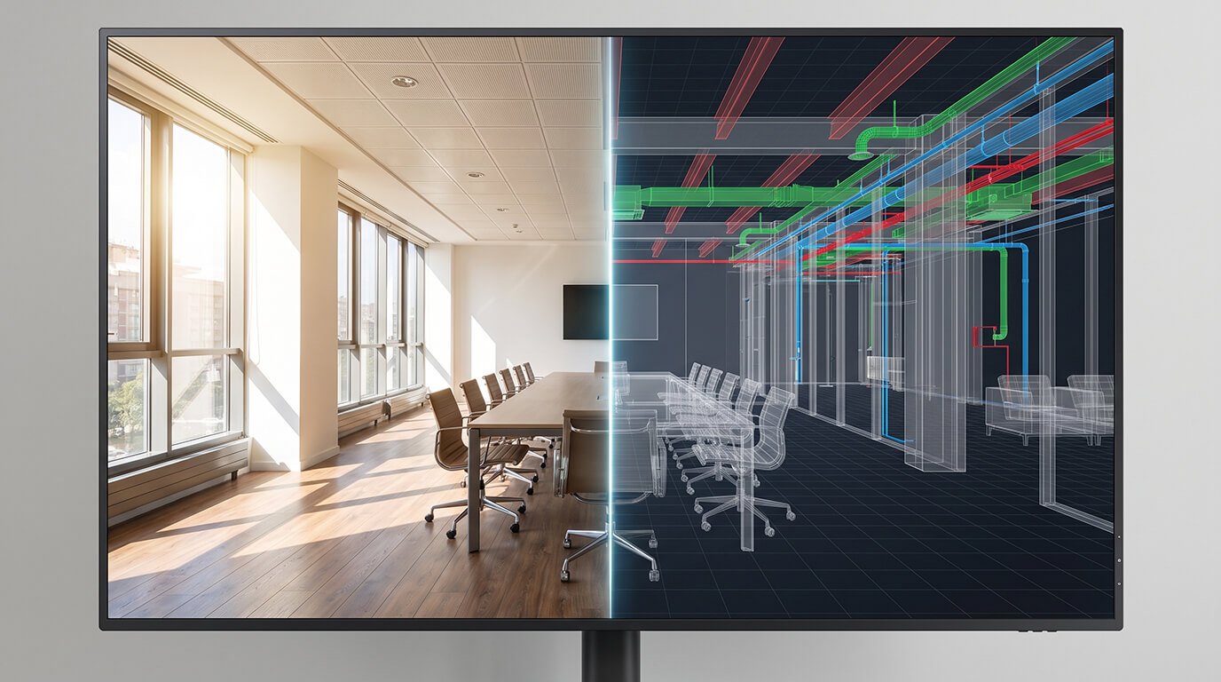 A computer monitor displaying a split-screen visualization of a corporate conference room, showcasing the contrast between the finished space and its digital twin architectural model. The left side displays a bright, photo-realistic interior with large windows, sunlight on hardwood floors, and a long conference table surrounded by leather chairs. The right side transitions seamlessly at a glowing blue dividing line into a dark wireframe Building Information Modeling (BIM) view, revealing underlying structural beams, walls, and color-coded mechanical, electrical, and plumbing (MEP) conduits running through the open ceiling.