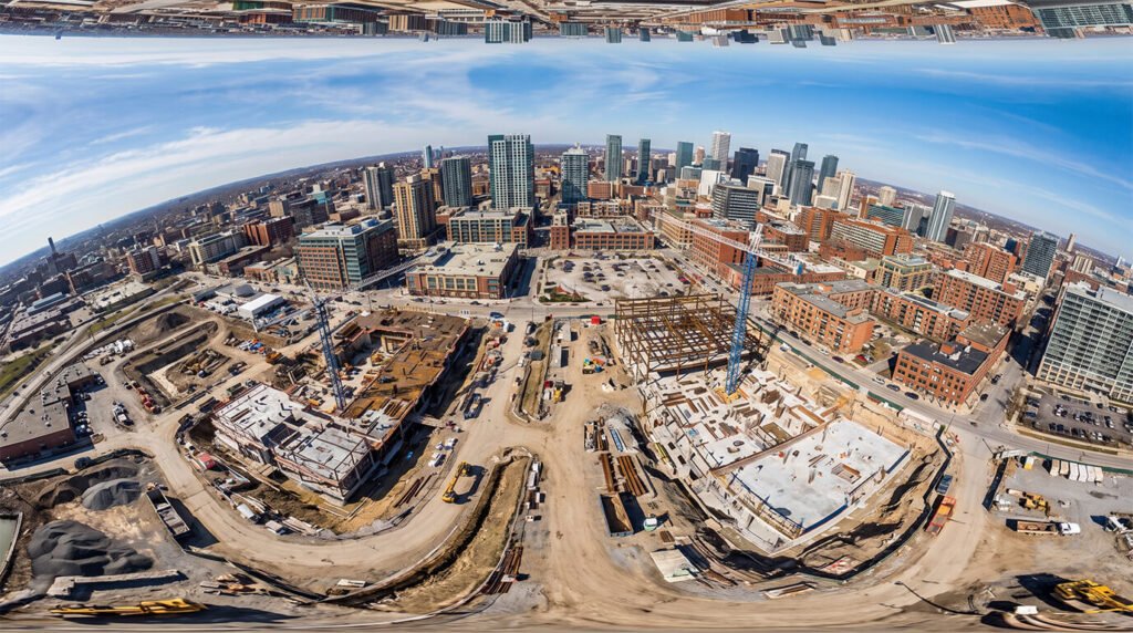 The image shows a 360-degree panorama of the construction site
