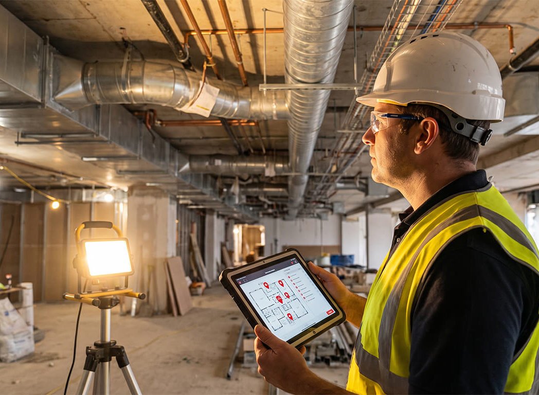 Construction manager in a hard hat reviewing digital floor plans on a tablet during a pre-handover snagging inspection