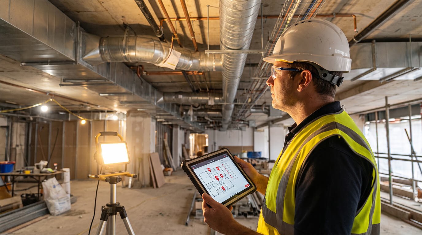 A construction manager wearing a hard hat reviews digital floor plans on a tablet in an unfinished building interior with visible ceiling ducts.