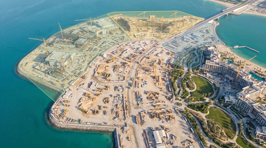 This aerial photograph shows construction progress on The Island by Wasl, an ultra-prime man-made island megaproject located off the coast of Jumeirah in Dubai, United Arab Emirates
