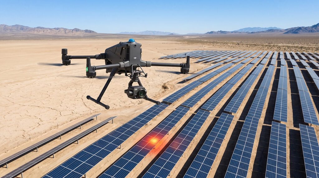 This image demonstrates how utility-scale solar farms use drone thermography for automated maintenance and defect detection.