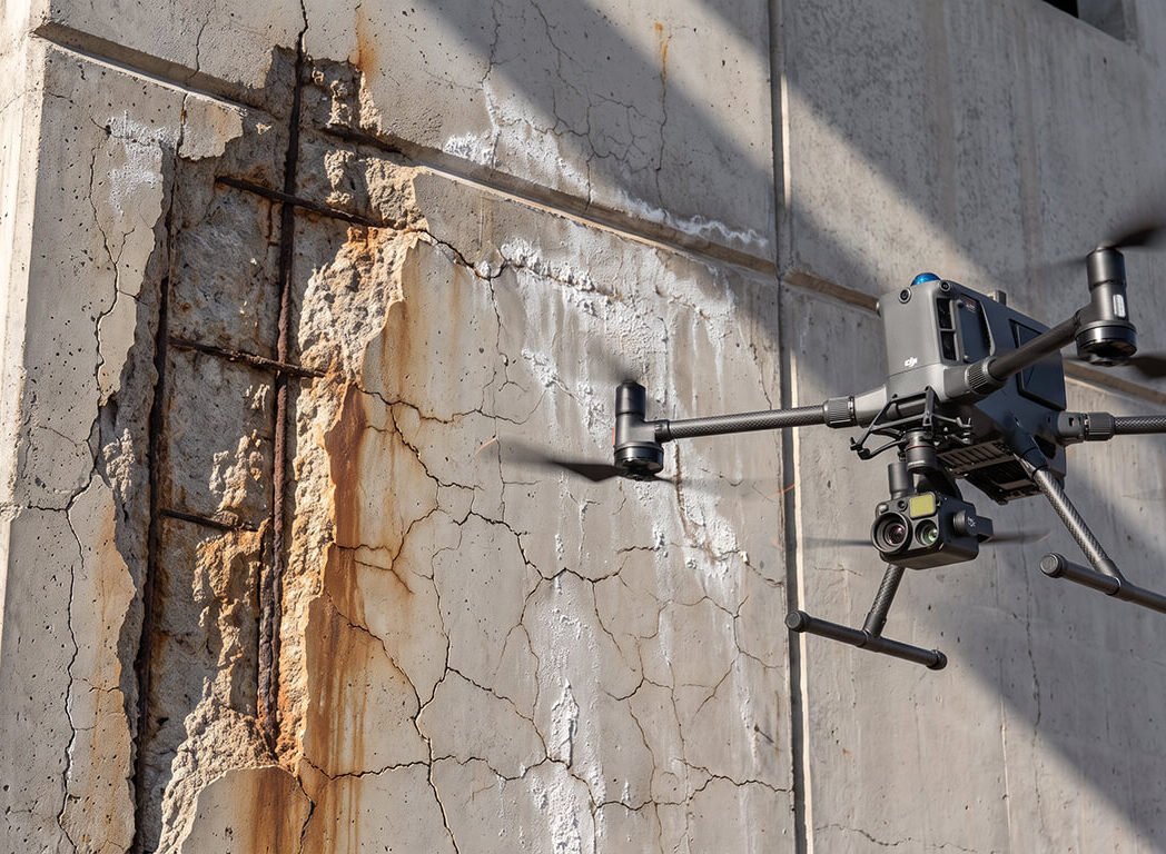 Drone inspecting cracked and stained concrete on a building facade, facade defect detection