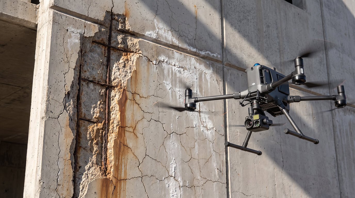 An industrial inspection quadcopter drone hovers closely to scan a cracked concrete wall with severely damaged, exposed rusty rebar.
