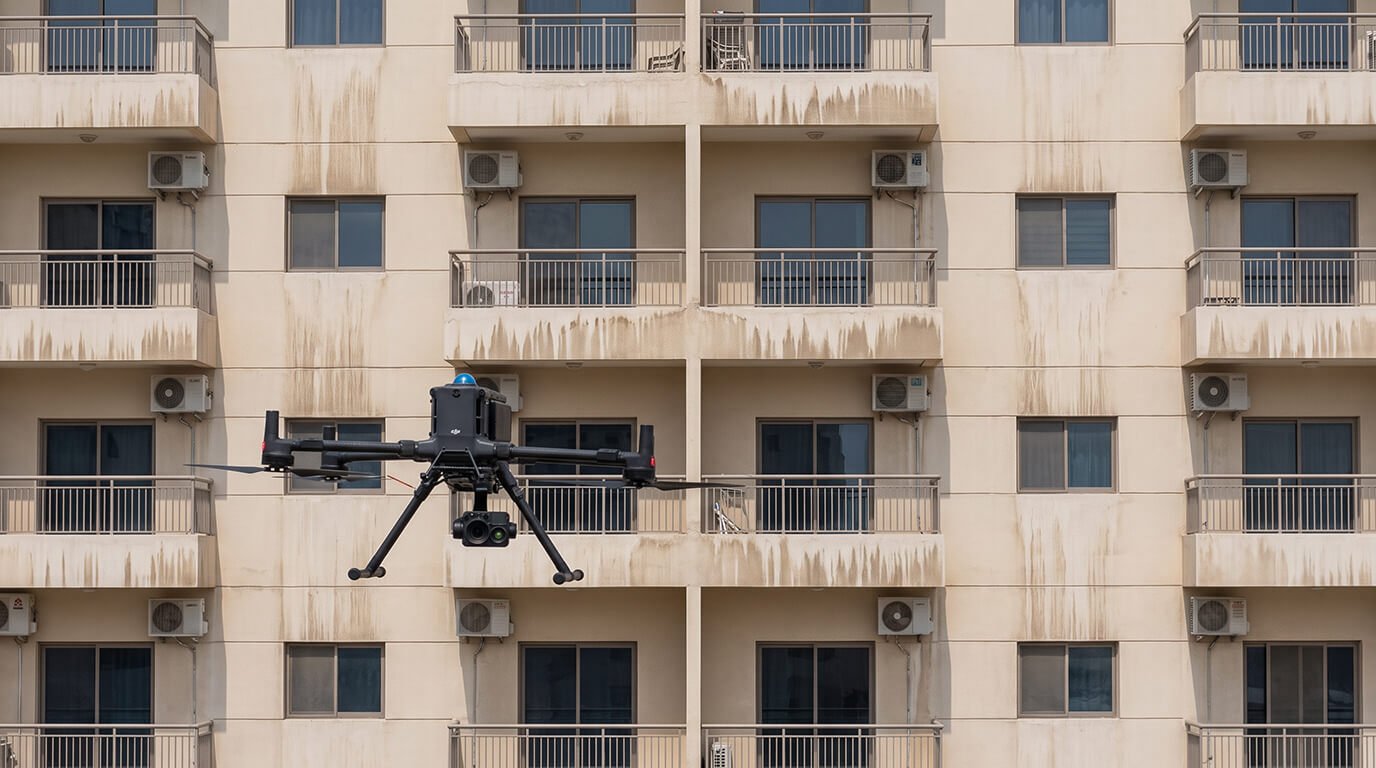 An industrial quadcopter drone with a camera scans the grid-like facade of an apartment building with numerous balconies and AC units.