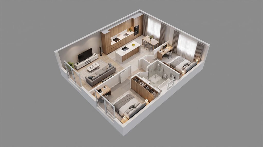 A 3D isometric floor plan rendering of a modern, two-bedroom apartment. The layout features an open-concept living area with a grey sofa, coffee table, and media console, which transitions into a kitchen with light wood cabinetry, an island, and an adjacent small dining table. Two fully furnished bedrooms with neutral bedding and study desks flank the living spaces, while a central bathroom includes a glass-enclosed shower, bathtub, and a closet storage unit nearby.