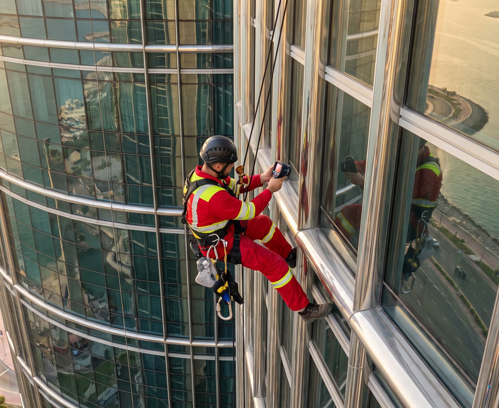 A rope access technician in a red jumpsuit rappels down a glass skyscraper window, using a thermal imaging camera to scan the exterior facade.