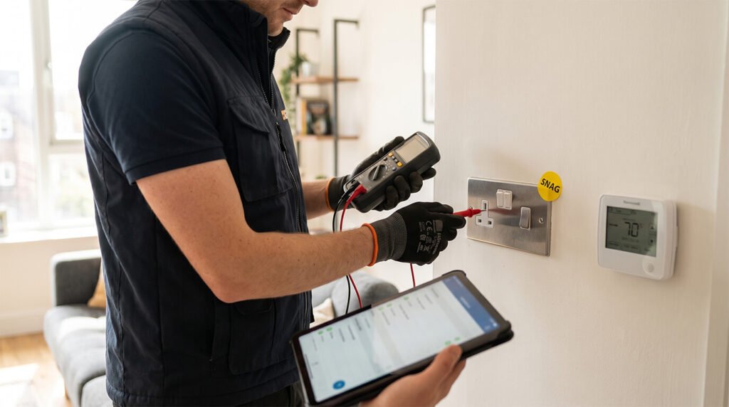 An electrician uses a multimeter to test a wall power socket marked with a yellow snag sticker while checking data on a handheld digital tablet.