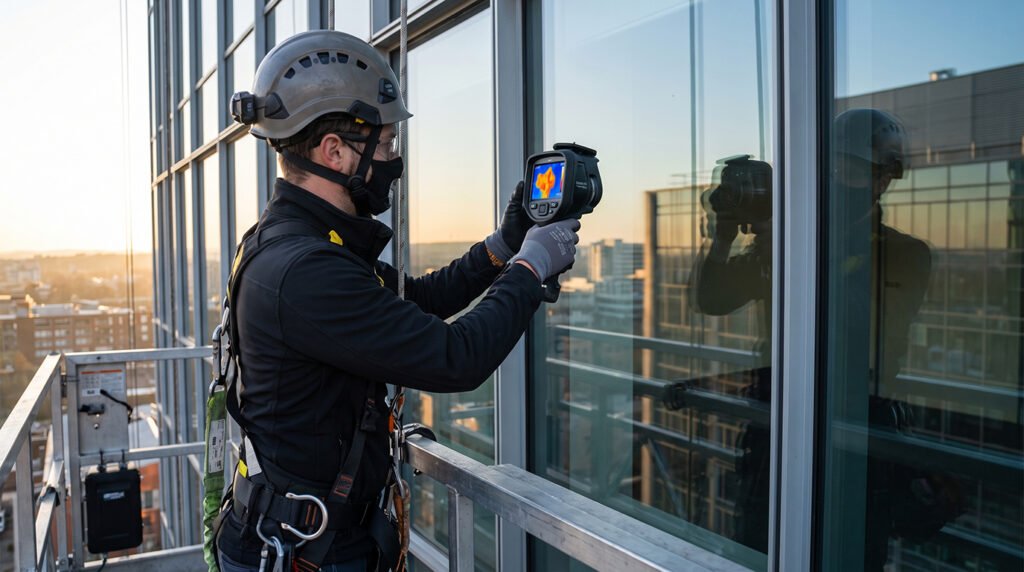 An inspector in a safety harness stands on a window washing platform, using a handheld thermal camera to scan a modern building's glass facade.