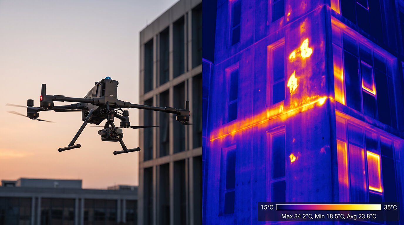 A split image showing an inspection drone on the left and its corresponding thermal scan of a building's exterior wall on the right.