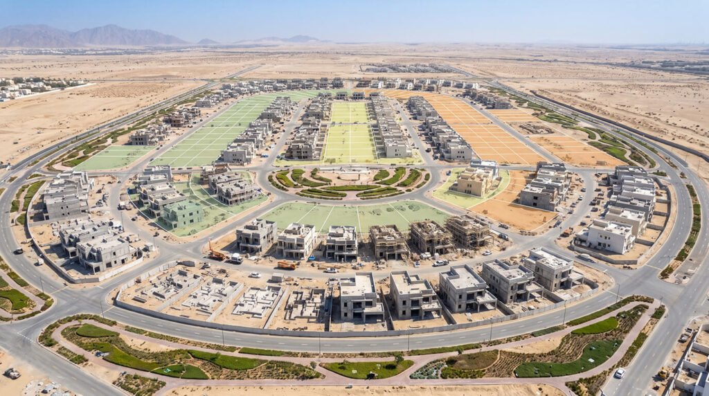This aerial photograph captures a master-planned residential community development project under construction situated in an arid desert environment.