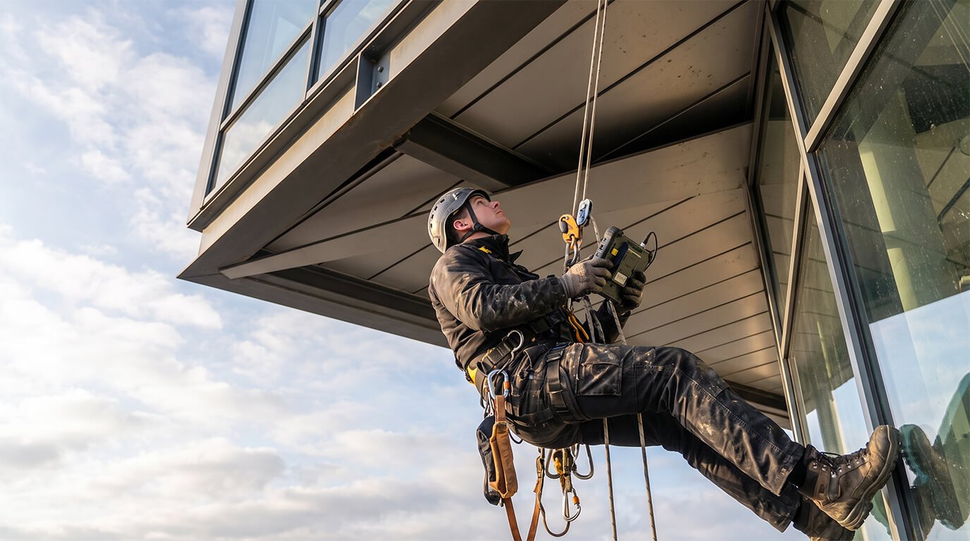 A rope access technician wearing a helmet and harness rappels down a modern building's exterior while using a rugged handheld digital device.