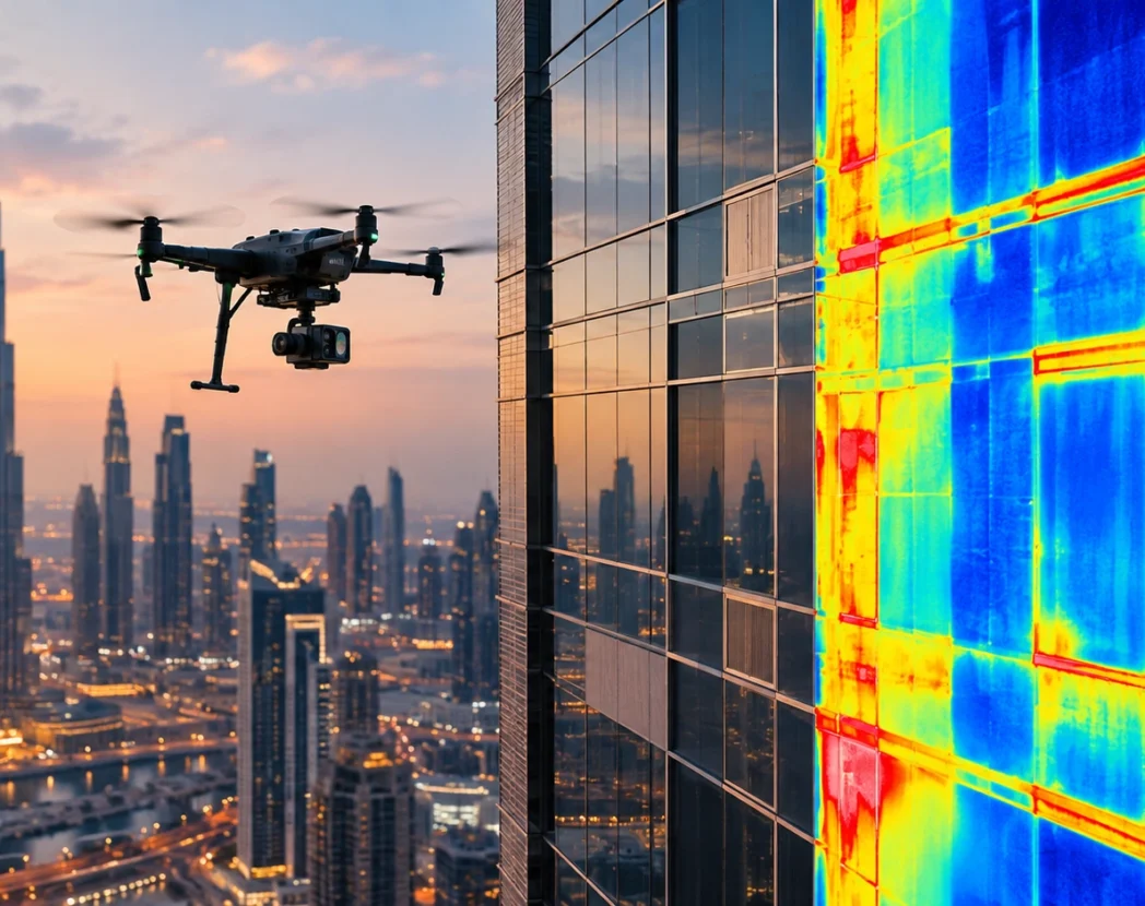 Inspection drone beside a Dubai high-rise façade, with a thermal image showing heat and moisture patterns