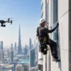 Rope access technician working on a high-rise façade in Dubai while an inspection drone flies alongside