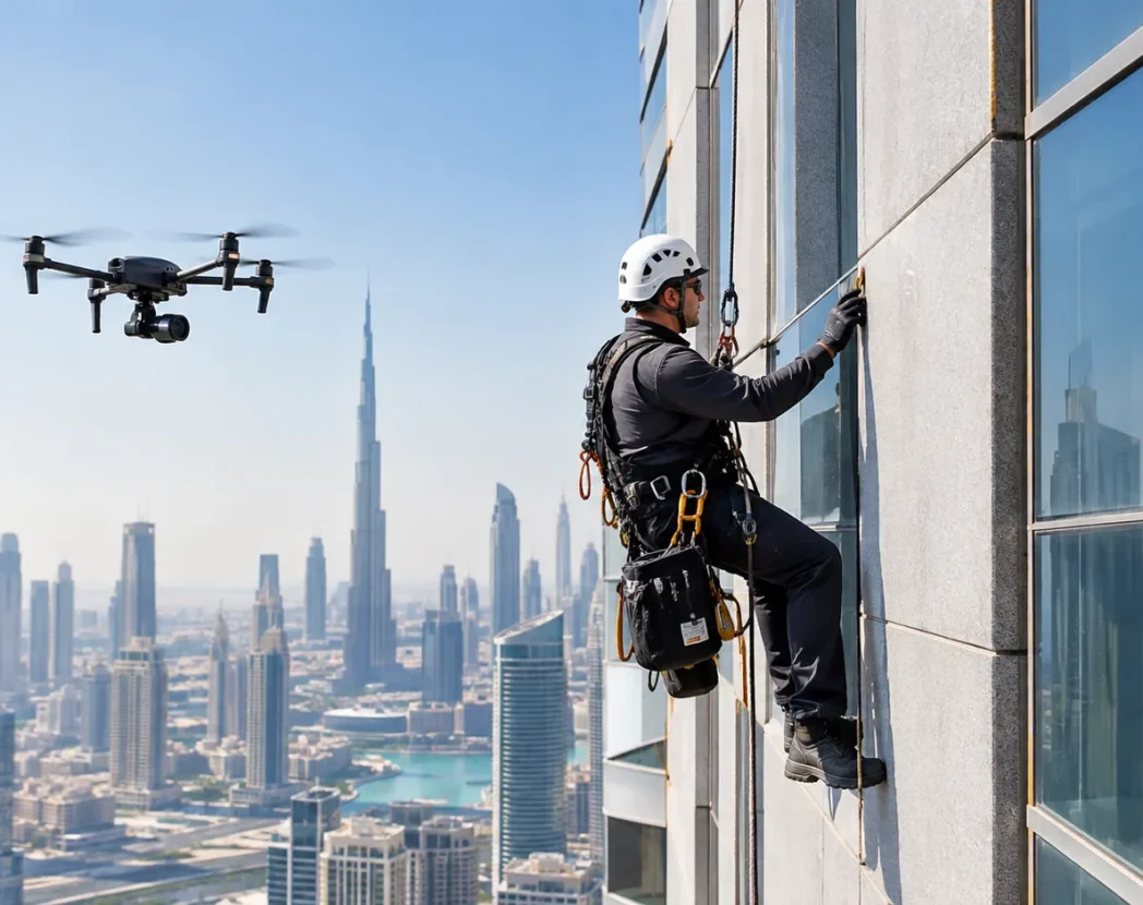 Rope access technician working on a high-rise façade in Dubai while an inspection drone flies alongside