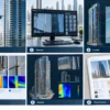 Six-panel diagram of a drone façade inspection: capture, review, thermal analysis and reporting for a Dubai high-rise