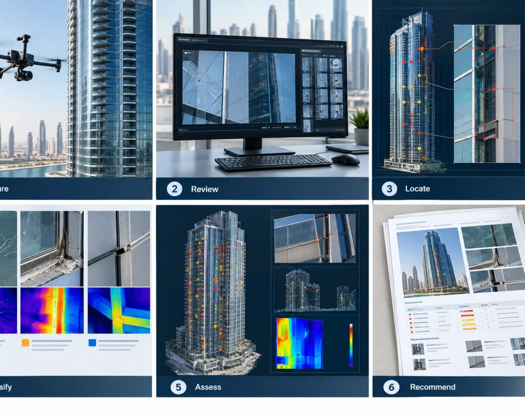 Six-panel diagram of a drone façade inspection: capture, review, thermal analysis and reporting for a Dubai high-rise